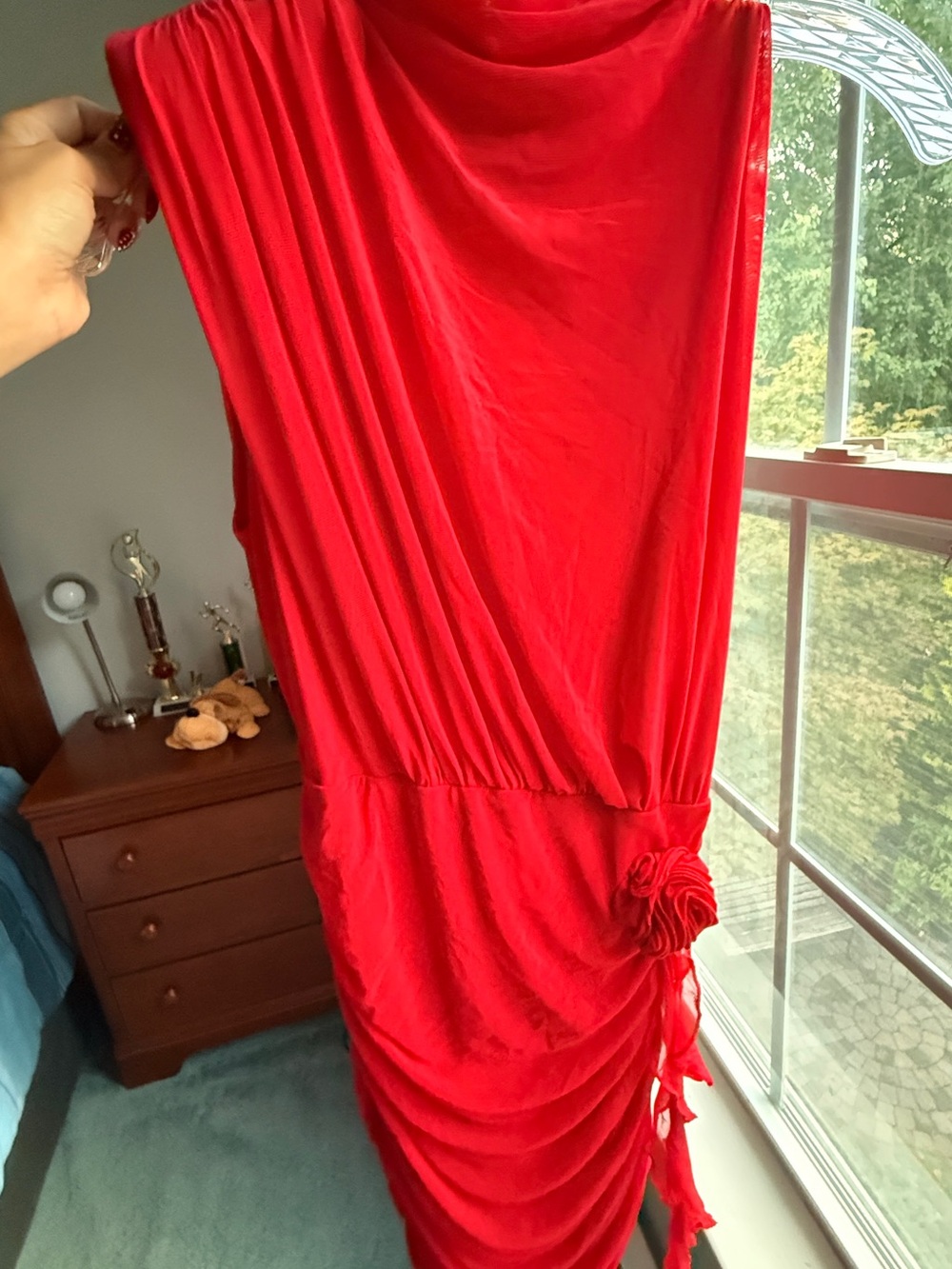 Red One-Shoulder Ruched Mini Dress - Picture 7 of 8
